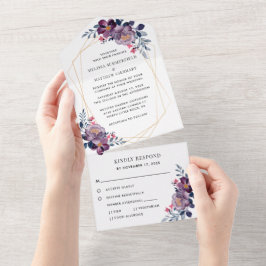 Invitación Todo En Uno Boda geométrica floral de floración púrpura