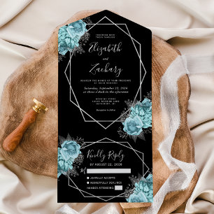 Invitación Todo En Uno Boda geométrica floral de plata Aqua negra