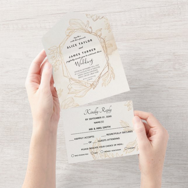 Invitación Todo En Uno Boda geométrica floral dorada (desgarro)