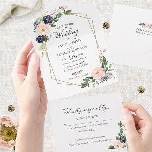 Invitación Todo En Uno Boda Geométrica Floral Rosa Azul Delicada