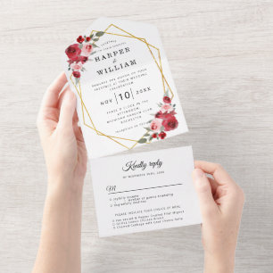 Invitación Todo En Uno Boda geométrico de flores acuarelas