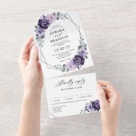 Invitación Todo En Uno Boda geométrico de flores de ciruela morada platea