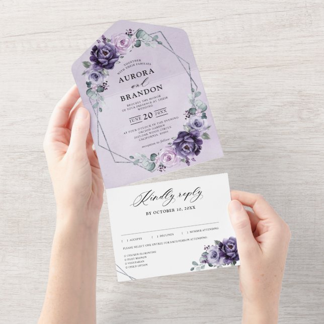 Invitación Todo En Uno Boda geométrico de flores de ciruela morada platea (desgarro)