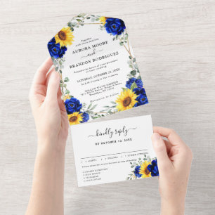 Invitación Todo En Uno Boda geométrico de girasol ruso azul real