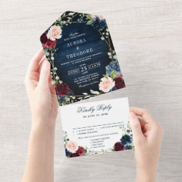 Invitación Todo En Uno Boda geométrico de oro floral Rubor de la Marina d