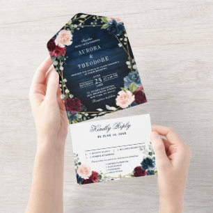 Invitación Todo En Uno Boda geométrico de oro floral Rubor de la Marina d