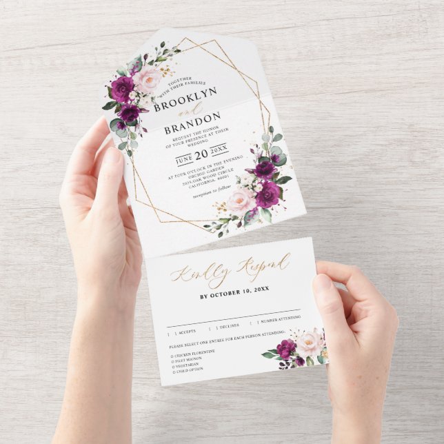 Invitación Todo En Uno Boda geométrico de rosas rosadas de Rubor con ciru (desgarro)