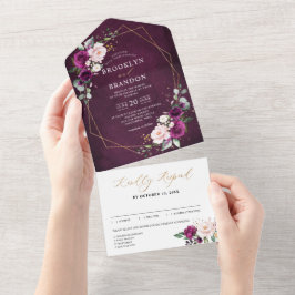 Invitación Todo En Uno Boda geométrico de rosas rosadas Rubor de ciruela 