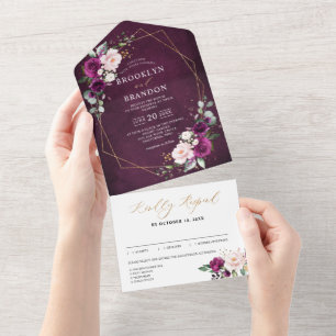 Invitación Todo En Uno Boda geométrico de rosas rosadas Rubor de ciruela 