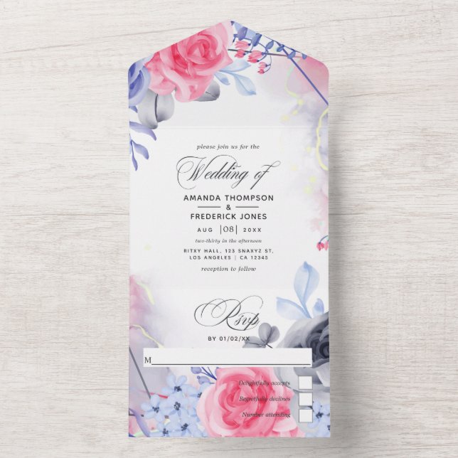 Invitación Todo En Uno Boda Geométrico De Tinta Plateada Floral Todo En U (Interior)