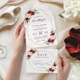 Invitación Todo En Uno Boda geométrico floral de borgoña (no se necesita