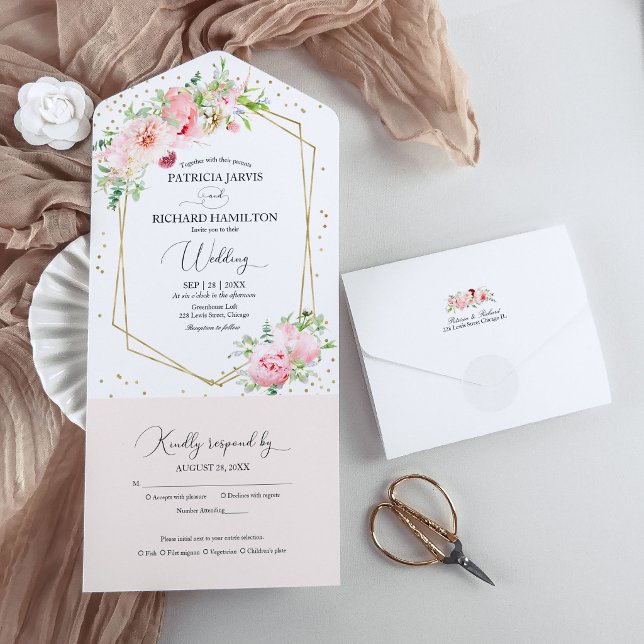 Invitación Todo En Uno Boda Geométrico Floral de Peonía Rosa Rubor (Subido por el creador)