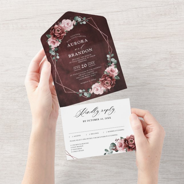 Invitación Todo En Uno Boda geométrico floral Rosa de Mauve rosa polvorie (desgarro)