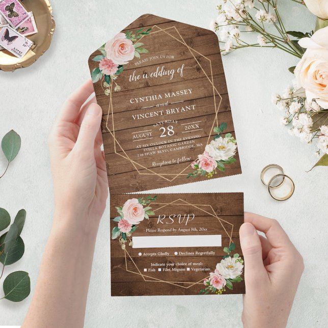 Invitación Todo En Uno Boda Geométrico Floral Rustic Romance Rubor (Subido por el creador)