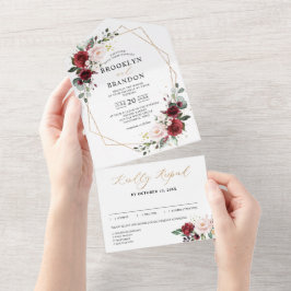 Invitación Todo En Uno Boda geométrico moderno con flores de Rubor en Bor