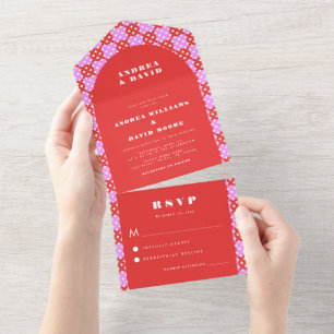Invitación Todo En Uno Boda Geométrico Moderno De Arco Rojo De Mediano Si