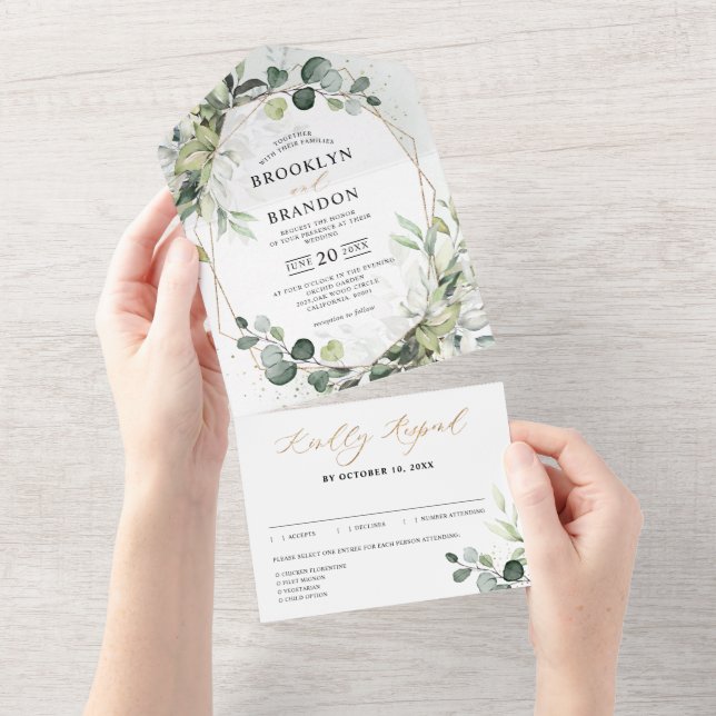 Invitación Todo En Uno Boda geométrico moderno Eucalyptus Sage Greenery (desgarro)