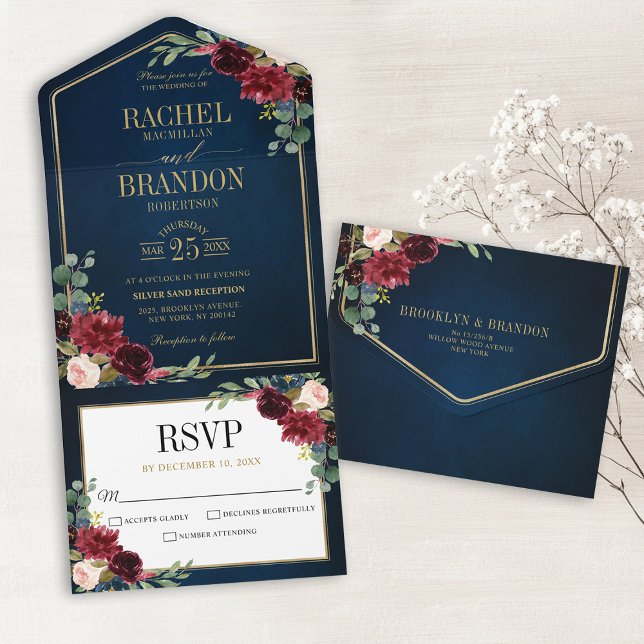 Invitación Todo En Uno Boda Geométrico Navy Blue Rubor Burgundy Gold (Burgundy Red Floral Gold Navy Blue Rustic Wedding Invitation)