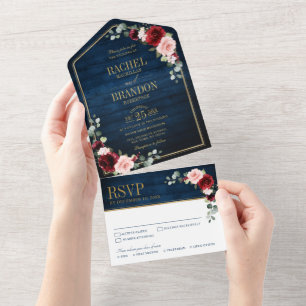 Invitación Todo En Uno Boda geométrico Navy Blue Rubor Burgundy Gold Al