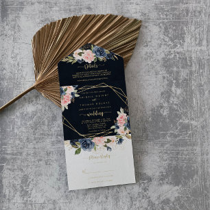Invitación Todo En Uno Boda Geométrico Navy Rubor Floral Gold