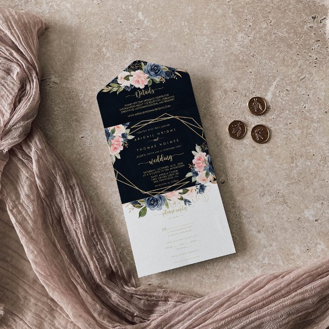 Invitación Todo En Uno Boda Geométrico Navy Rubor Floral Gold (Subido por el creador)