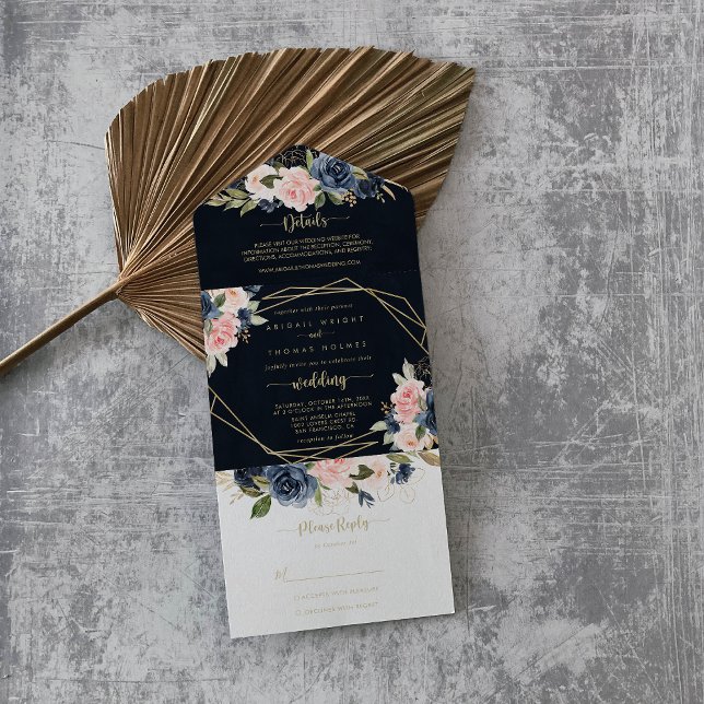 Invitación Todo En Uno Boda Geométrico Navy Rubor Floral Gold (Subido por el creador)