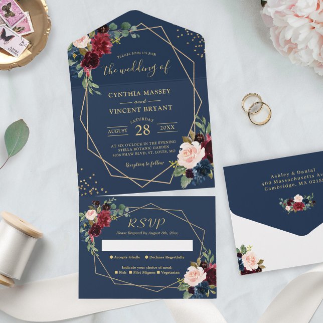 Invitación Todo En Uno Boda Geométrico Rustic Navy Blue Gold (A detachable RSVP card for easy guest responses, making the planning process seamless. )
