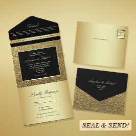 Invitación Todo En Uno Boda Glam Negra y Dorada