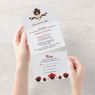 Invitación Todo En Uno Boda Glam Rojo Negro Oro Gatsby Art Deco años 20