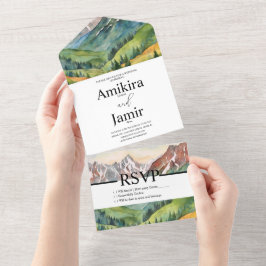 Invitación Todo En Uno Boda Glitter Acuarela Soñadora Montaña