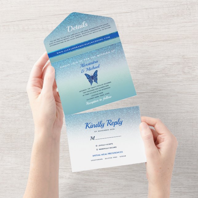 Invitación Todo En Uno Boda Glitter Azul (desgarro)