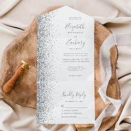 Invitación Todo En Uno Boda Glitter Blanco Gris Plateado Moderno