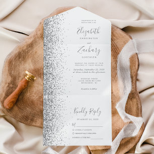 Invitación Todo En Uno Boda Glitter Blanco Gris Plateado Moderno