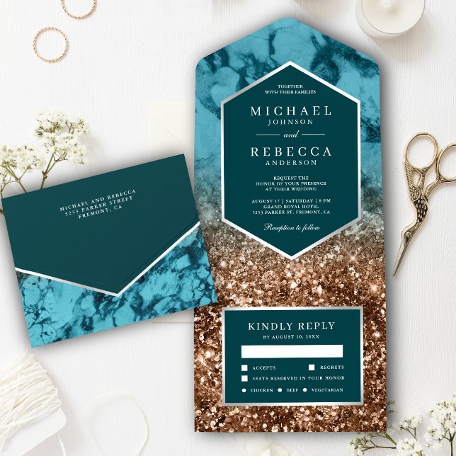 Invitación Todo En Uno Boda Glitter Bronce Mármol Turquesa Moderna (Subido por el creador)