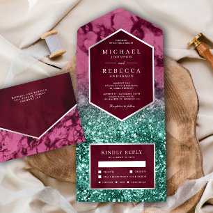 Invitación Todo En Uno Boda Glitter Magenta Moderno Mármol Verdeagua