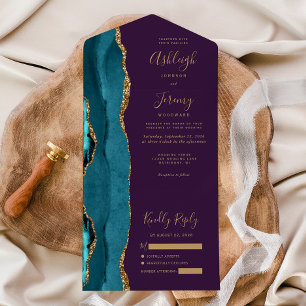 Invitación Todo En Uno Boda Glitter Oro Ágata Verdeazul Morado