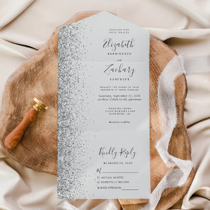 Invitación Todo En Uno Boda Glitter Plateado Gris Pálido Moderno