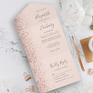 Invitación Todo En Uno Boda Glitter Rosa Dorado Moderno