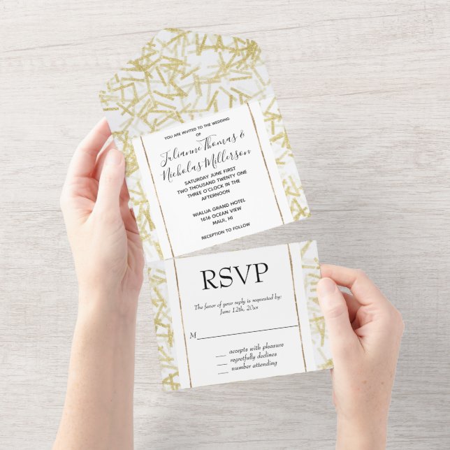 Invitación Todo En Uno Boda Glitzy Gold Confetti (desgarro)