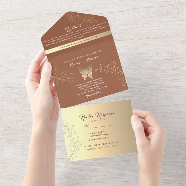 Invitación Todo En Uno Boda Gold Boho Terracotta (desgarro)