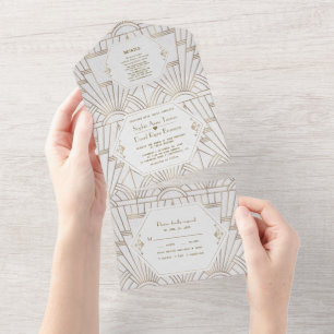 Invitación Todo En Uno Boda Gold Fleur-de-lis Art Deco Great Gatsby