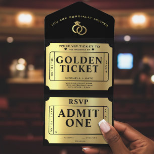 Invitación Todo En Uno Boda Golden Ticket Black & Gold