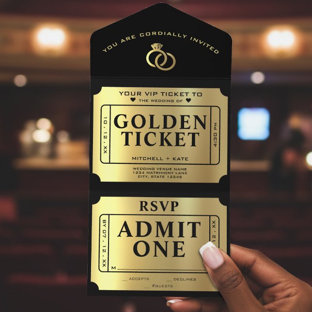 Invitación Todo En Uno Boda Golden Ticket Black & Gold (Golden Ticket Black & Gold Wedding All In One Invitation
)