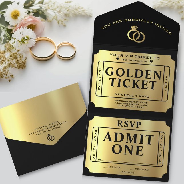Invitación Todo En Uno Boda Golden Ticket Black & Gold (Golden Ticket Black & Gold Wedding All In One Invitation
)