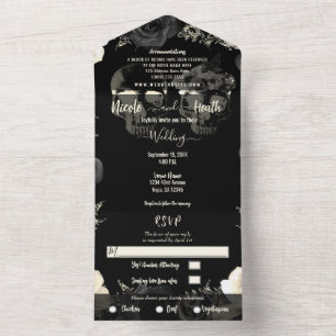 Invitación Todo En Uno Boda Gótica Esqueleto de Cráneo Gris Crema Negro