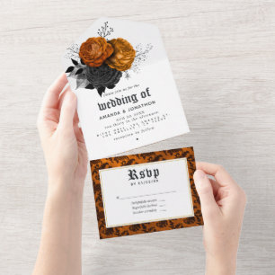 Invitación Todo En Uno Boda Gótica Floral Vintage en Negro y Naranja