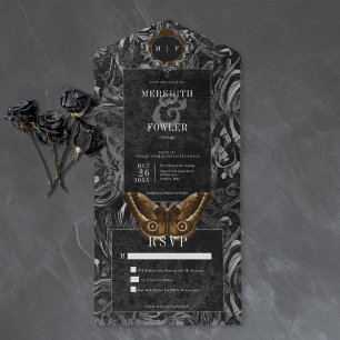 Invitación Todo En Uno Boda Gótica Negra Marrón Filigrana Polilla Sin Cen
