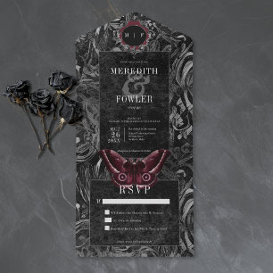 Invitación Todo En Uno Boda Gótica Sin Cena Vino Negro Filigrana Mariposa