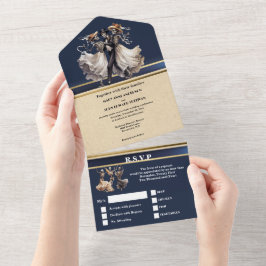 Invitación Todo En Uno Boda gótico de la novia del esqueleto azul