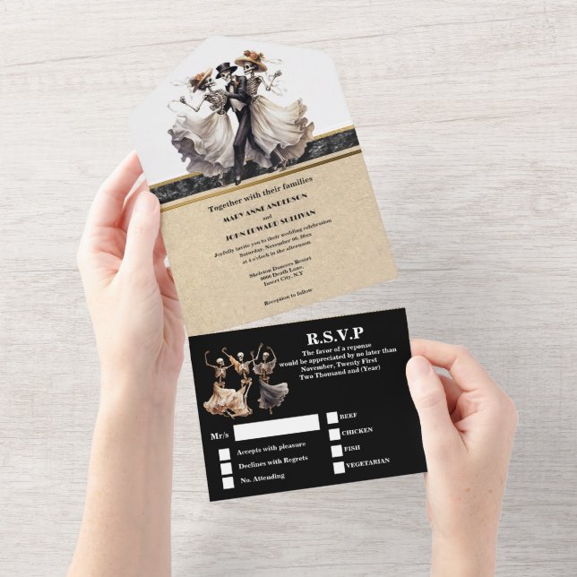 Invitación Todo En Uno Boda gótico de la novia del esqueleto negro (desgarro)